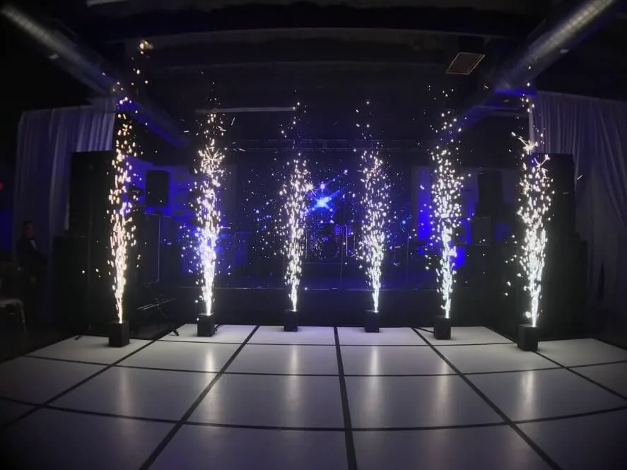 Row of cold spark fountains lighting up a dance floor