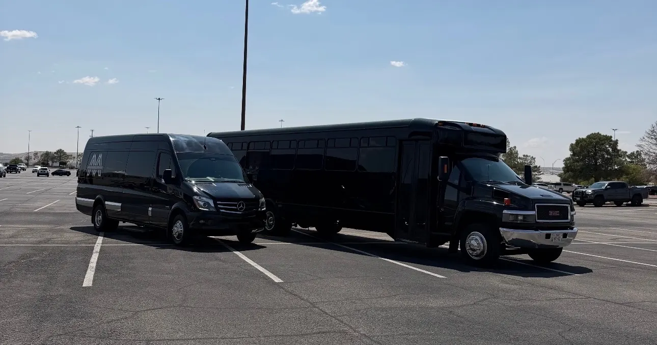 The fleet: Mercedes Sprinter limo and party bus side by side