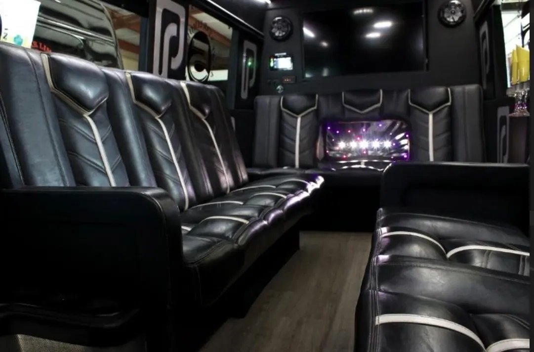 Sprinter lounge with leather seating and LED accent lighting